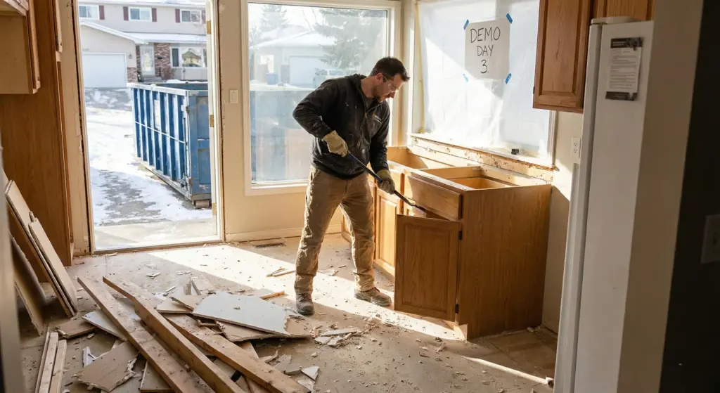 Renovation timeline infographic showing demo phase and bin rental timing for kitchen bathroom basement projects