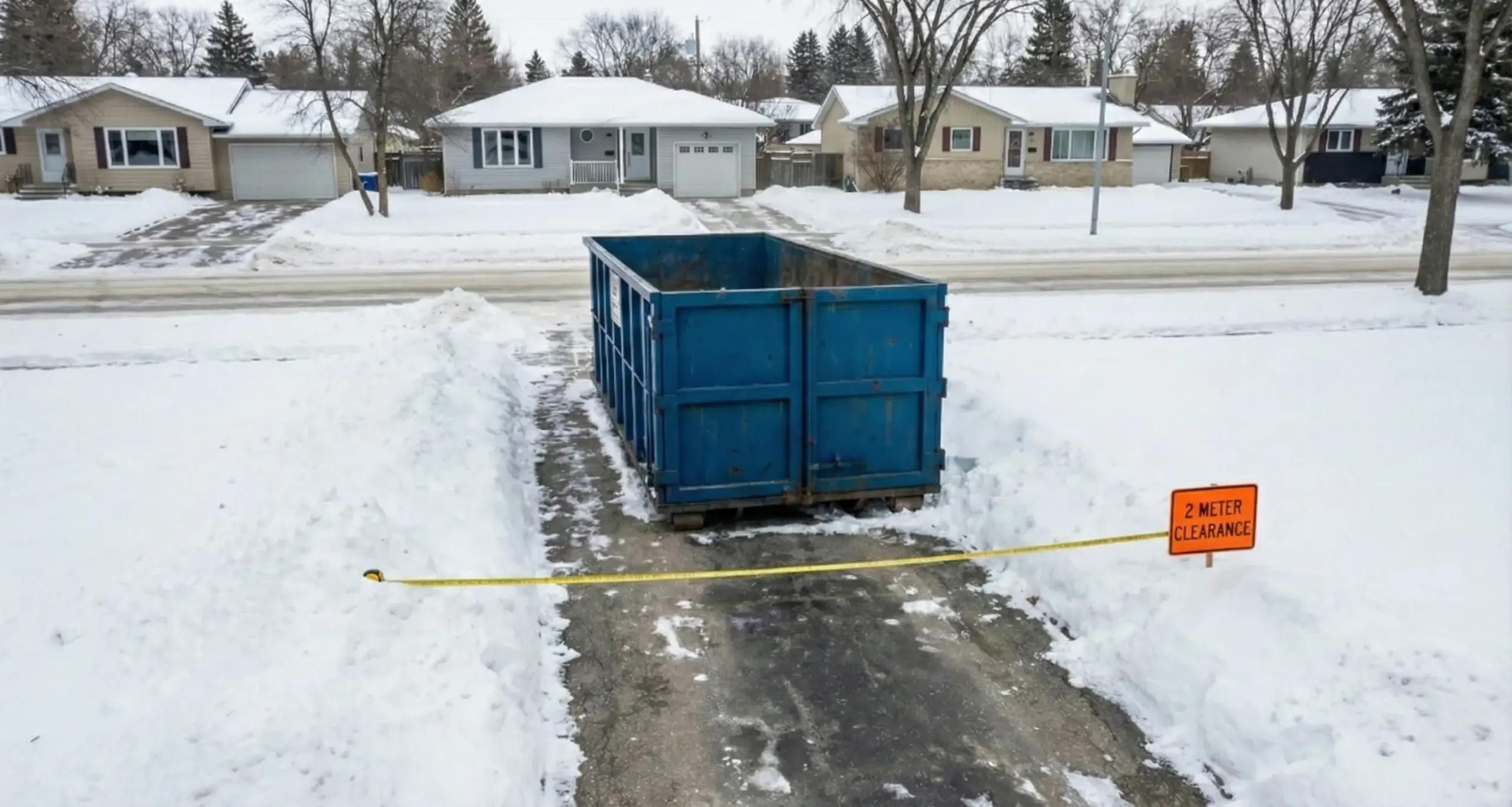 Waste bin positioned in residential driveway between winter snowbanks with adequate clearance in Winnipeg