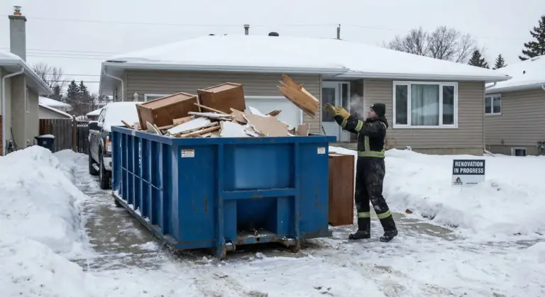 Worker loading renovation debris including drywall and cabinets into waste bin during Winnipeg winter
