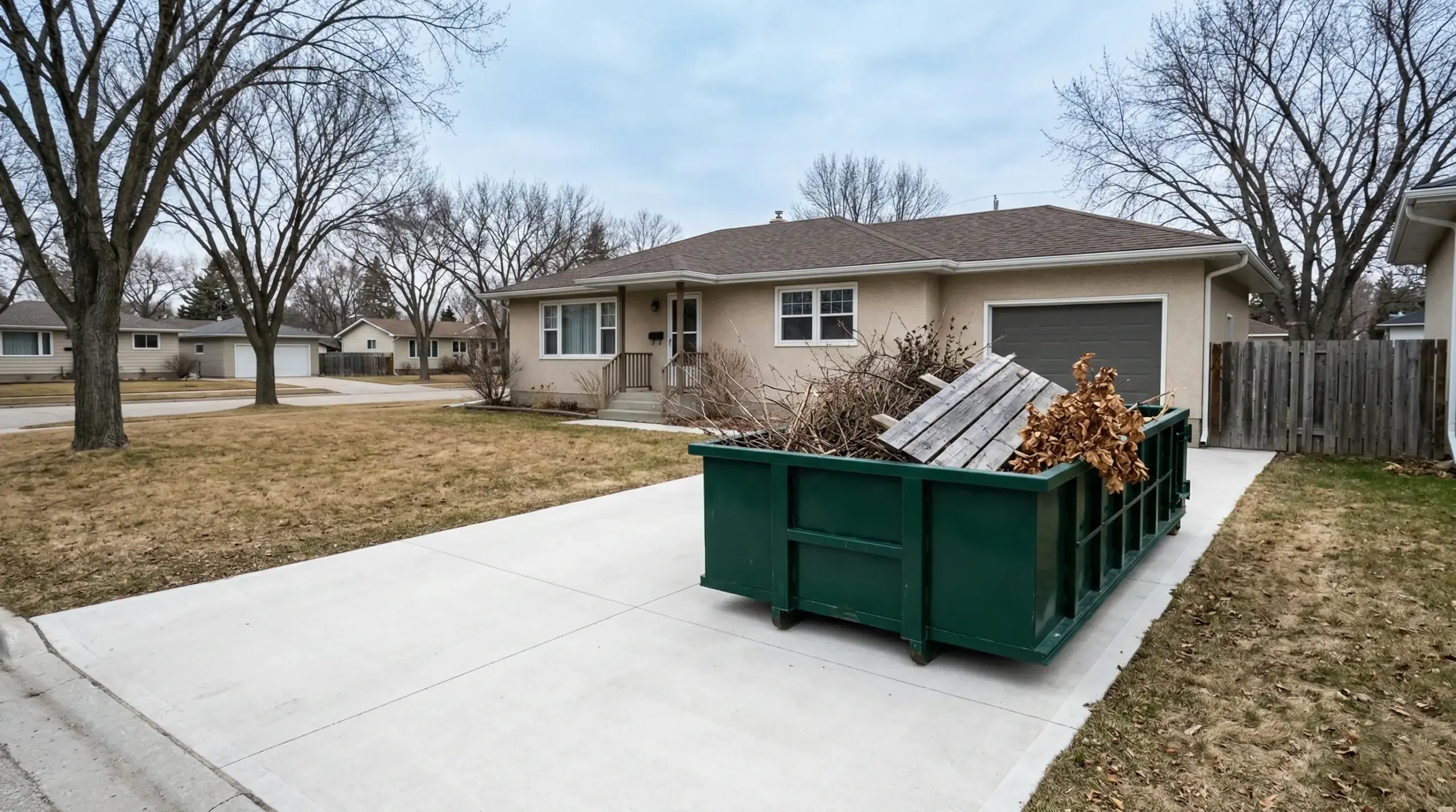 12-yard Ecobins waste bin in Winnipeg residential driveway during spring cleanup filled with yard debris and branches