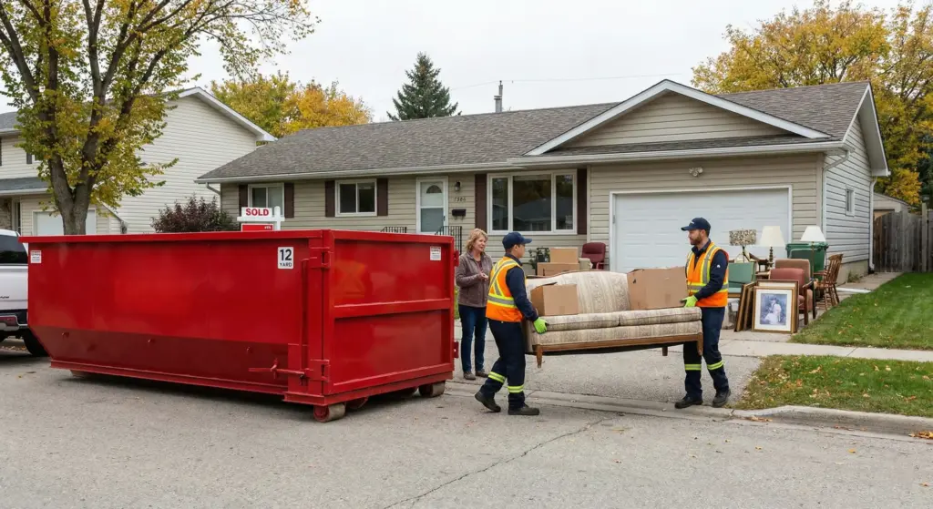 Estate cleanout bin rental Winnipeg showing 12-yard container with furniture and household items