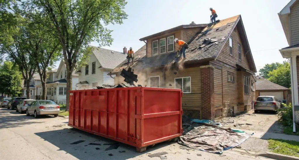  Roofing project bin rental Winnipeg showing 12-yard container with asphalt shingles