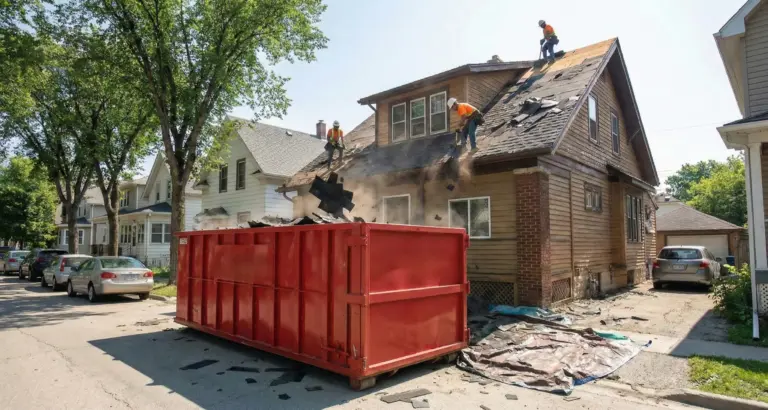 Roofing project bin rental Winnipeg showing 12-yard container with asphalt shingles
