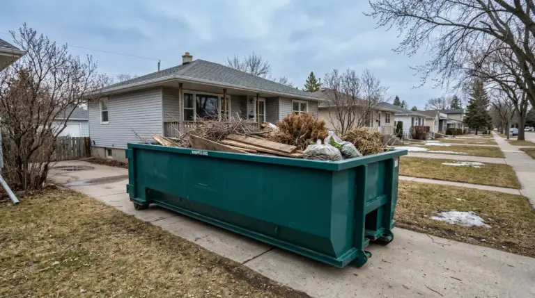 Spring cleanup bin rental Winnipeg showing debris bin with yard waste and branches in residential driveway