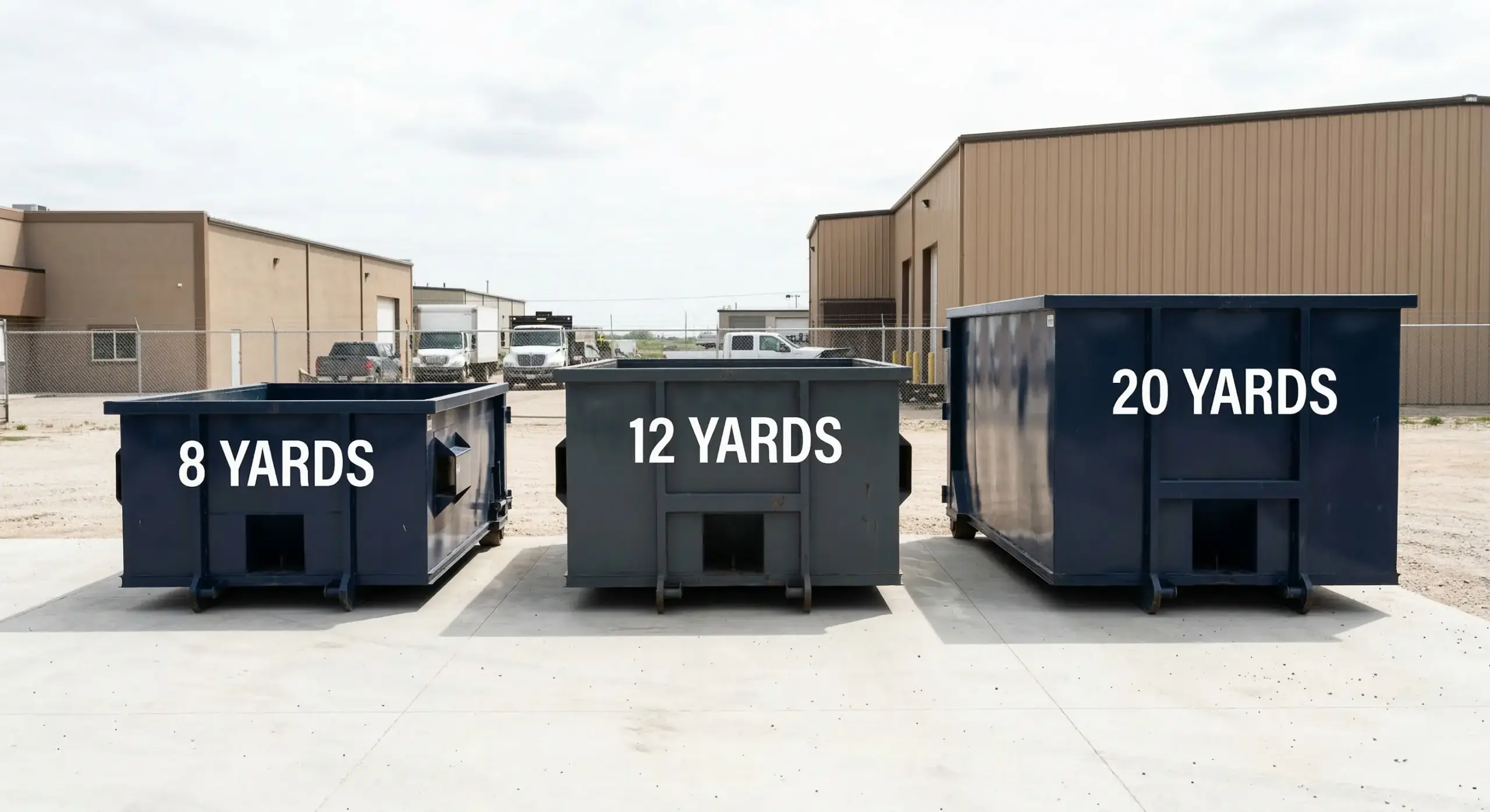 Three Ecobins waste bin sizes 8 12 and 20 yard shown side by side on Winnipeg property