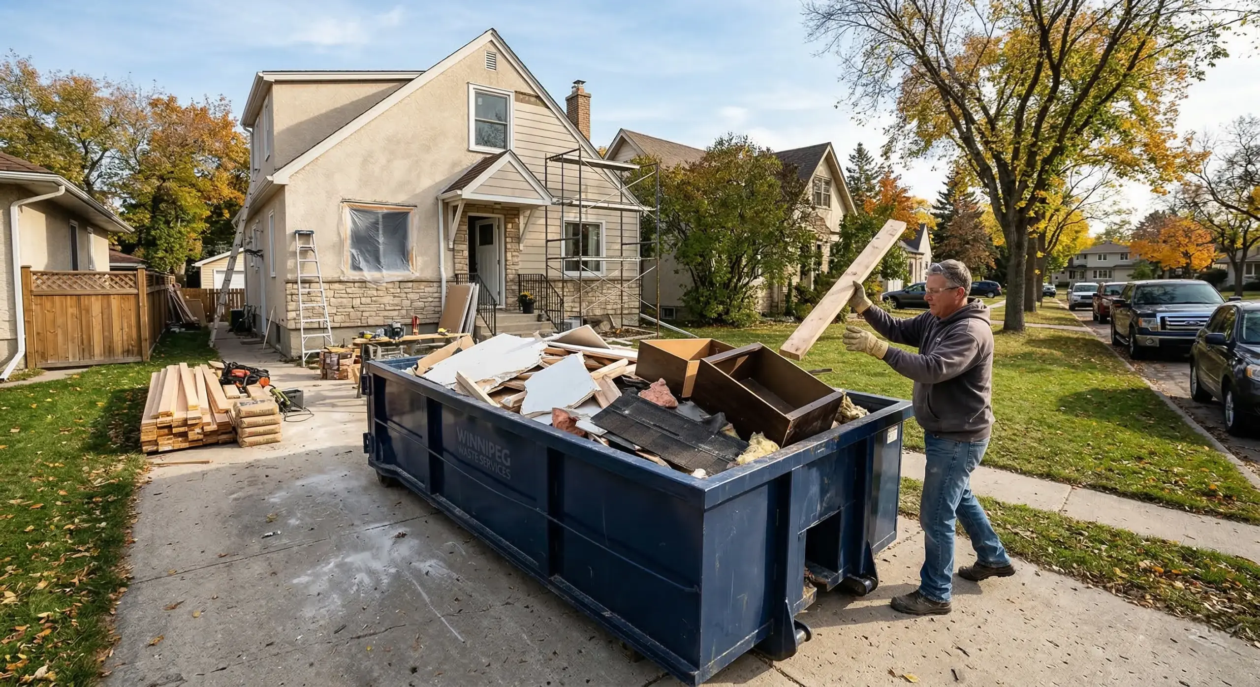 Construction waste bin being filled with mixed renovation debris including drywall and lumber during Winnipeg home renovation