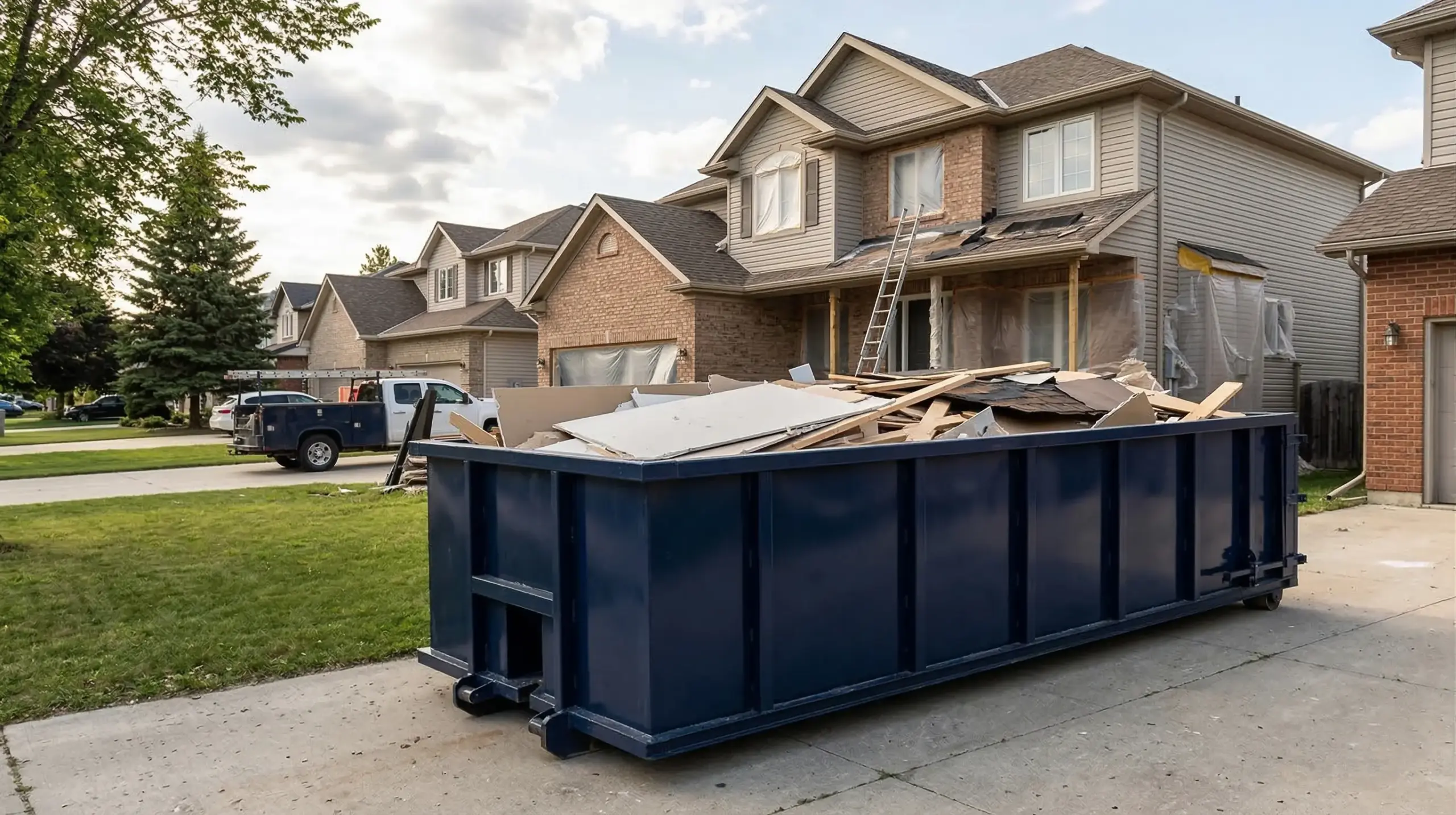 Ecobins 12-yard construction waste bin on Winnipeg residential driveway during home renovation project