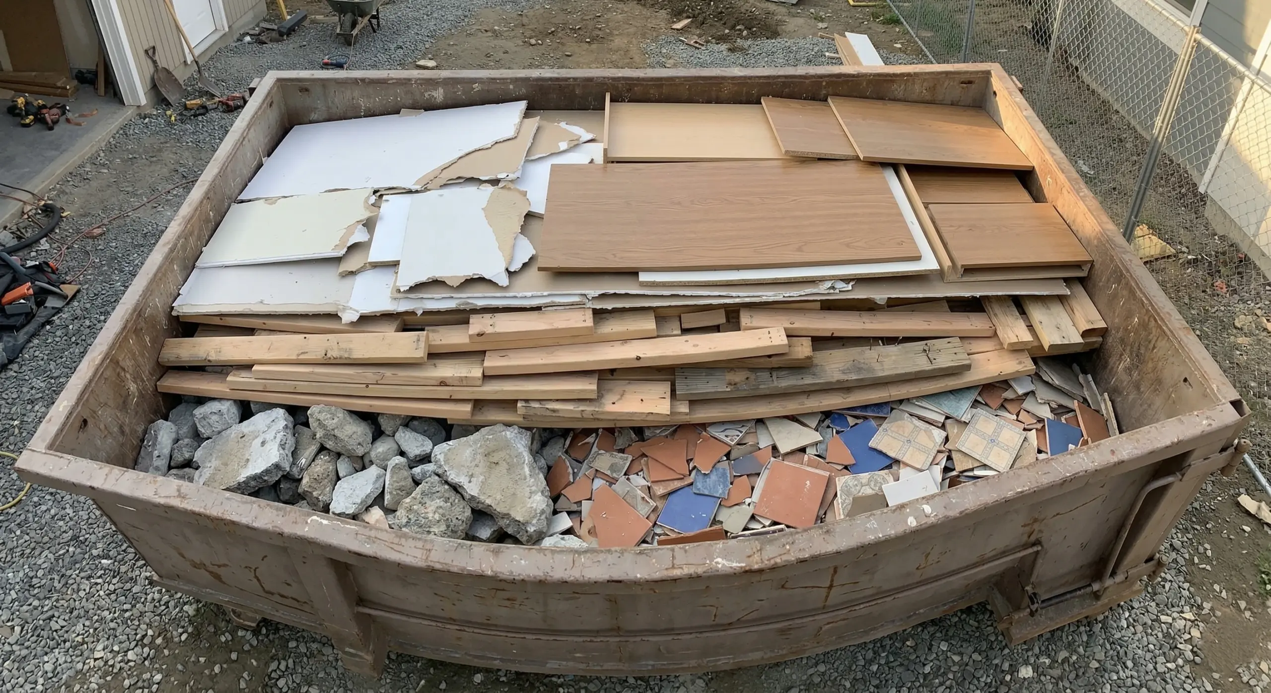 Well-loaded renovation waste bin showing heavy concrete at bottom and drywall lumber on top for efficient bin use in Winnipeg