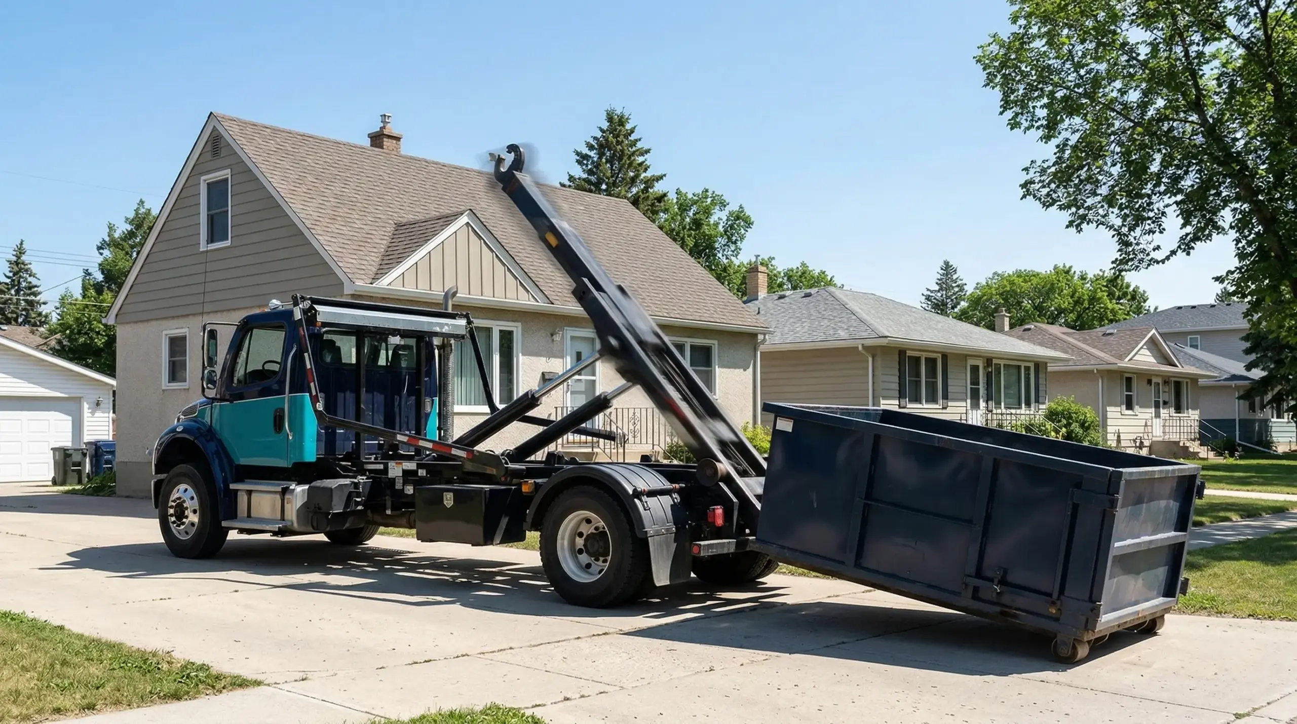 Ecobins hooklift truck lowering 12-yard waste bin onto residential driveway in Winnipeg using hydraulic arm