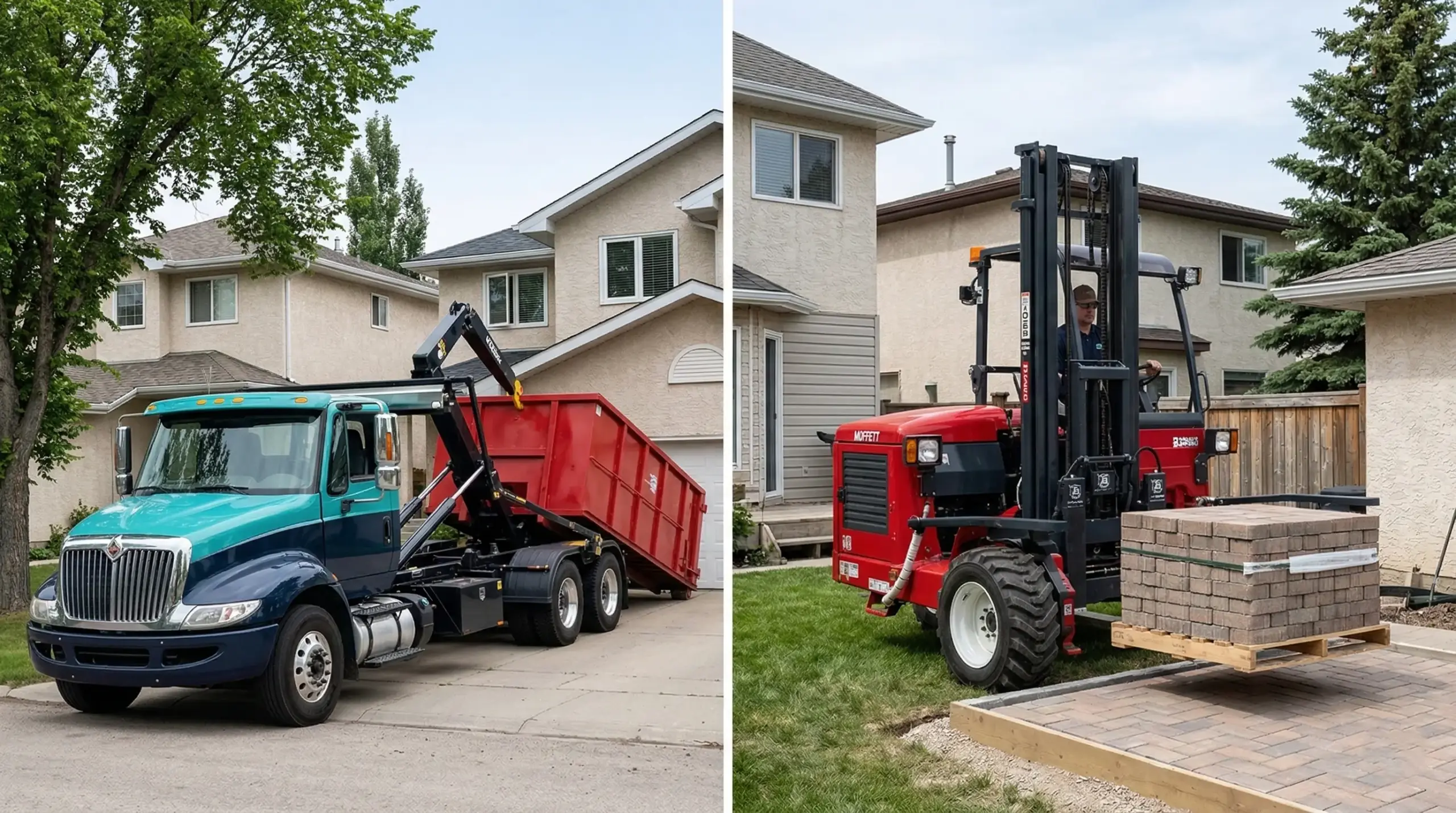 Hooklift bin delivery truck and Moffett forklift side by side showing two delivery equipment options in Winnipeg