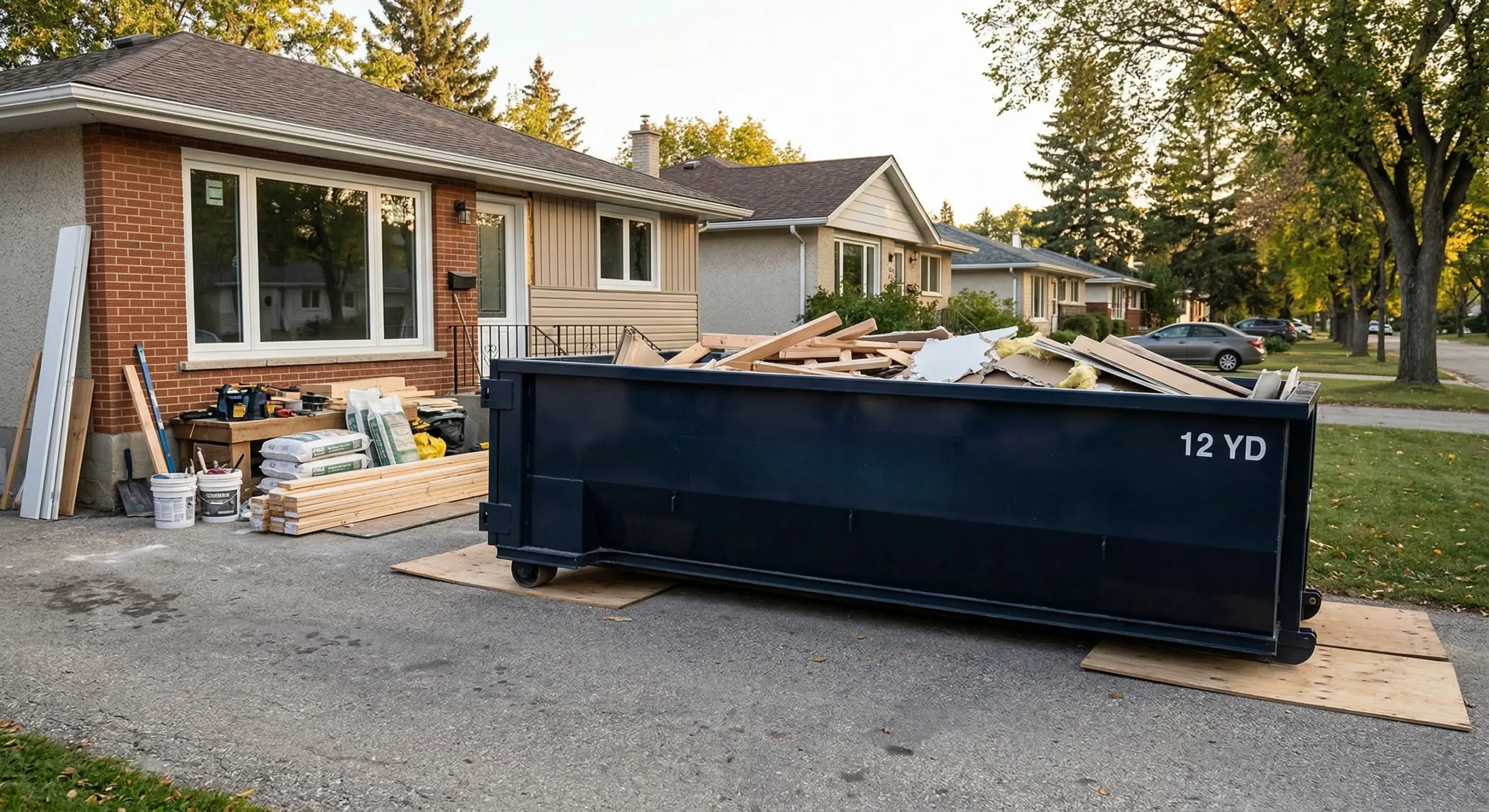 Ecobins 12-yard rental bin on Winnipeg residential driveway during kitchen renovation showing proper bin placement