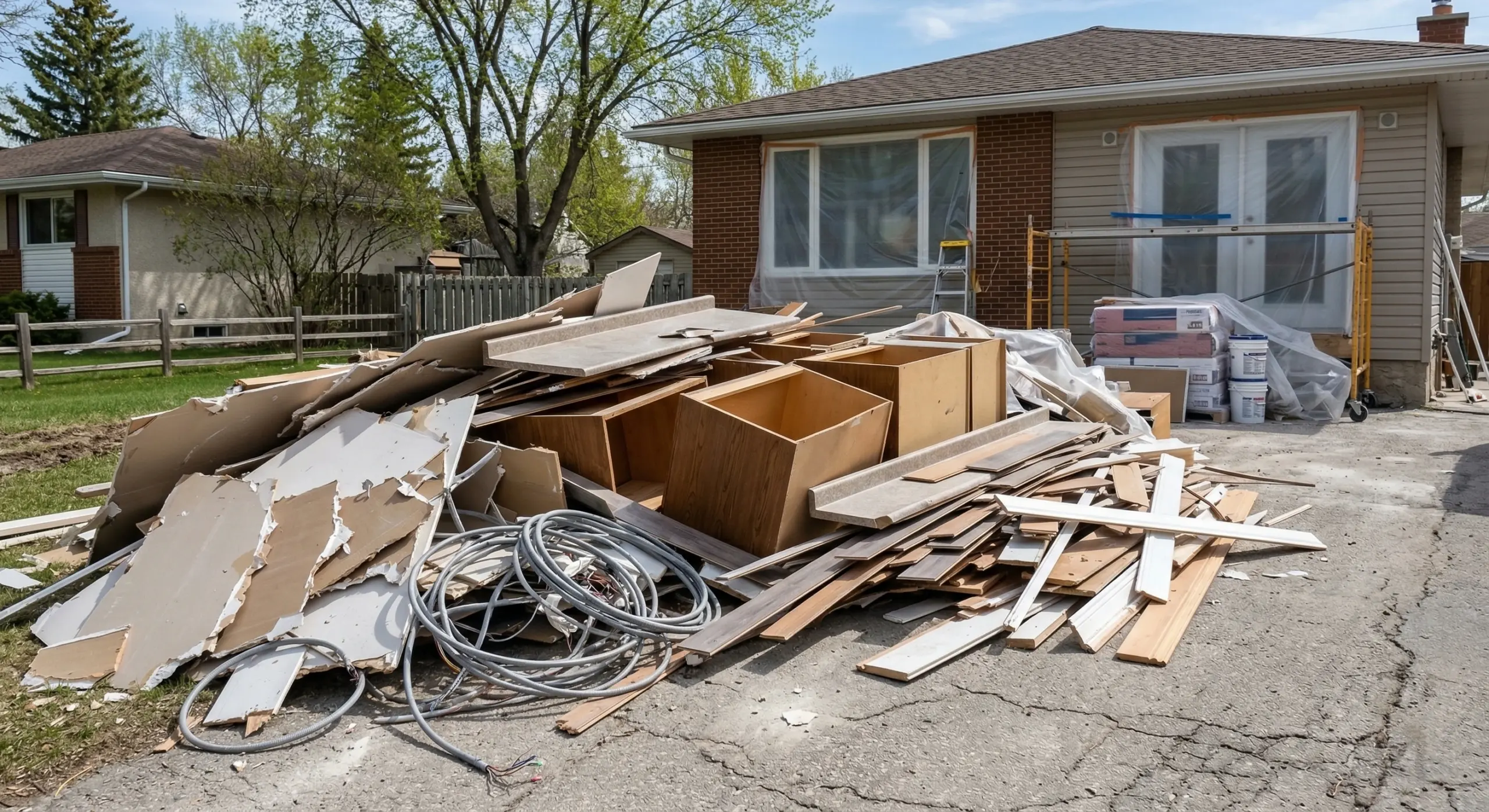 Kitchen renovation demo debris piled on Winnipeg residential driveway including drywall cabinets and flooring waste