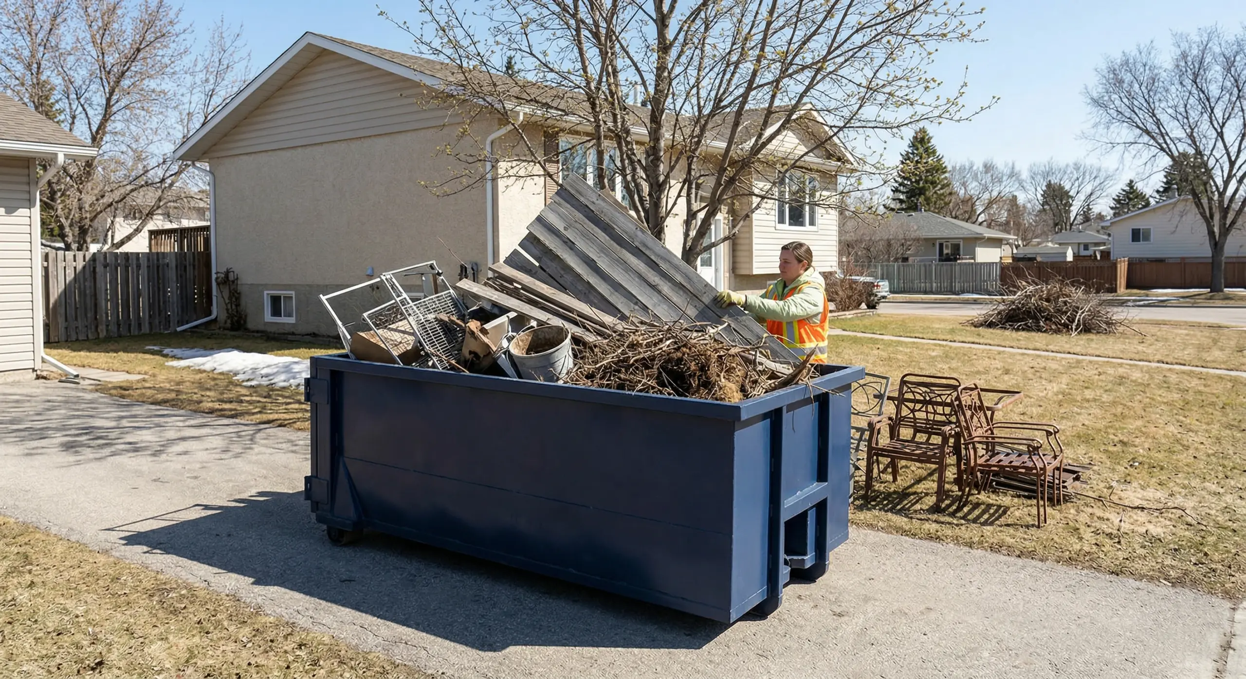 Spring cleanout bin rental Winnipeg Ecobins 12-yard bin on driveway with yard waste and fence debris