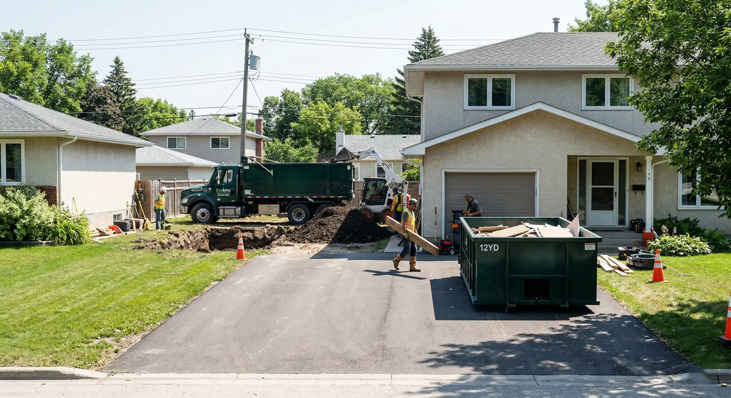 Ecobins & Cartage tandem truck and rental bin on same Winnipeg project site showing combined cartage and bin rental service