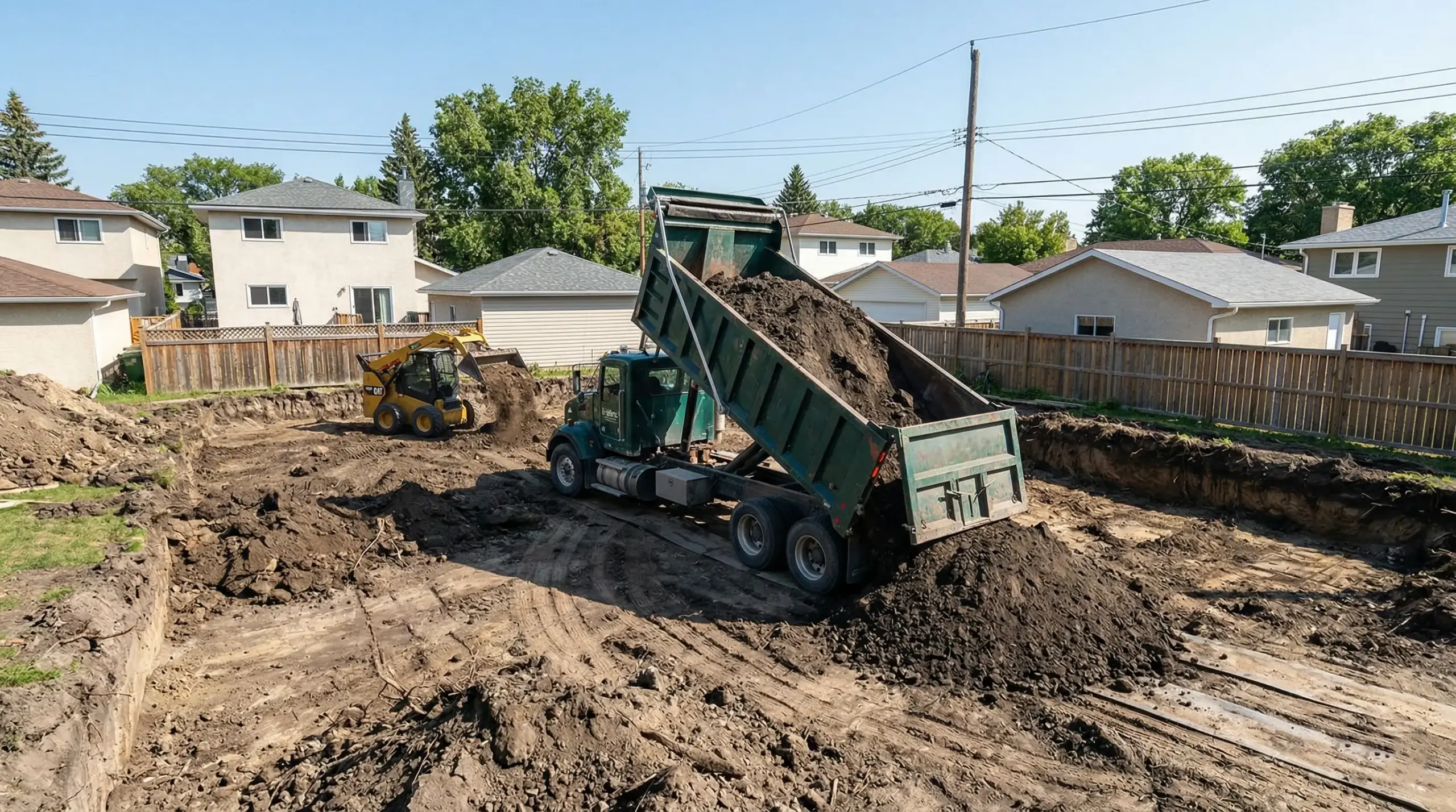 Cartage hauling Winnipeg Ecobins tandem dump truck removing excavated soil from residential backyard project