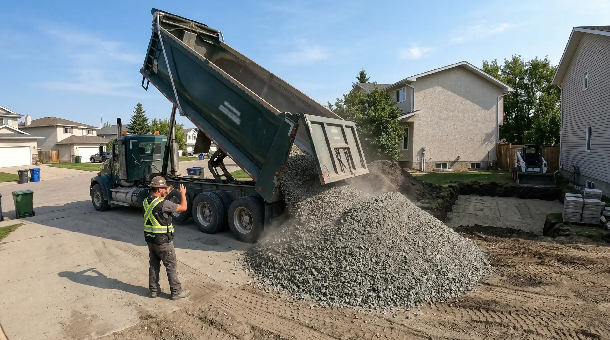Ecobins & Cartage end-dump semi trailer delivering bulk aggregate to Winnipeg construction site for large patio project