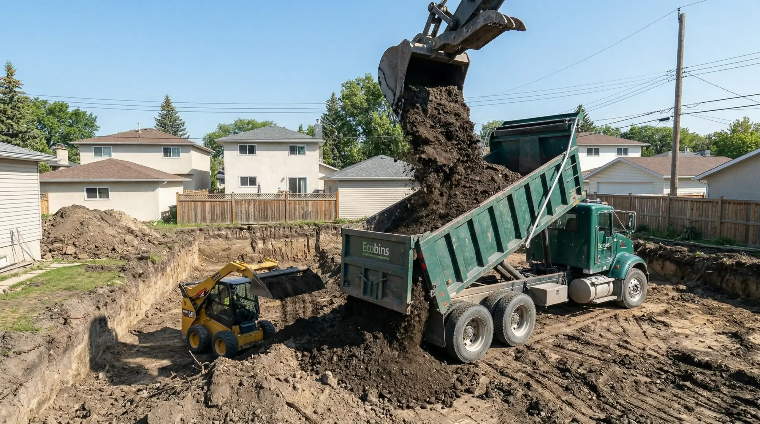 Ecobins & Cartage tandem dump truck removing excavated clay soil from Winnipeg residential landscaping project site