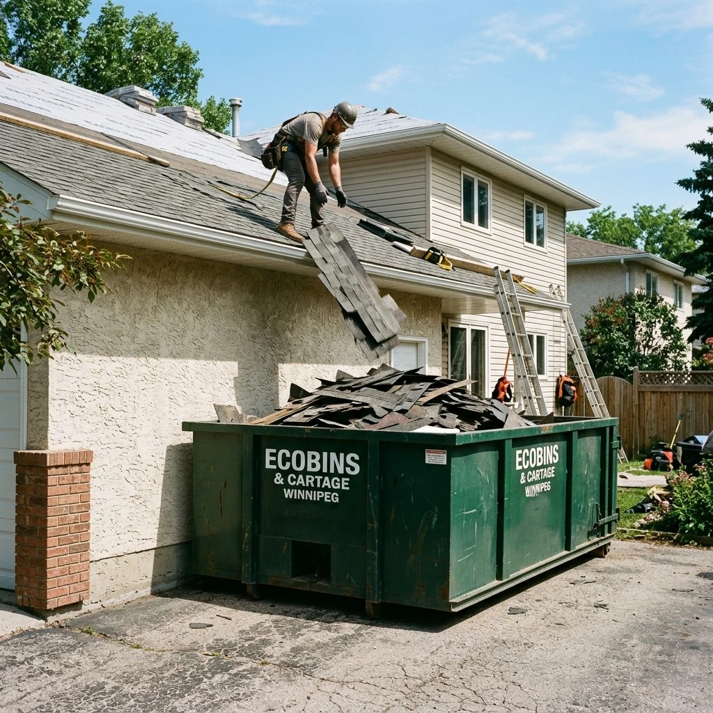 Ecobins bin positioned close to Winnipeg home during asphalt shingle tear-off roofing project with shingles landing directly into bin