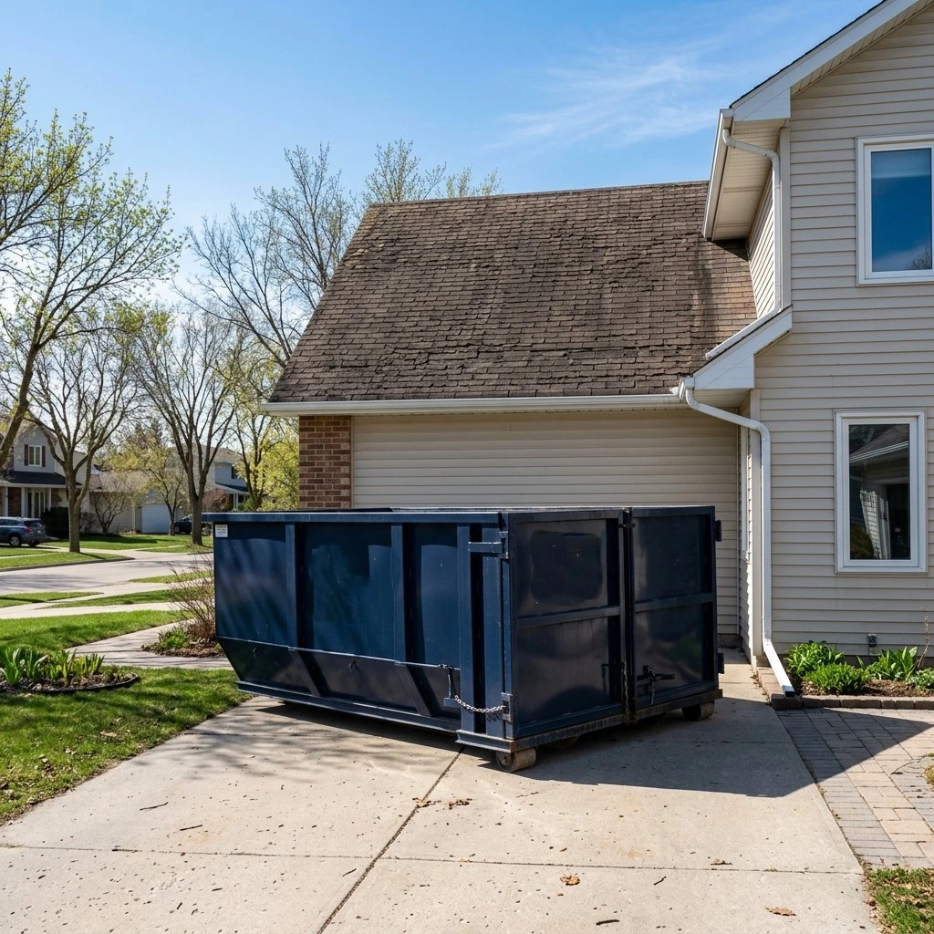 Ecobins bin booked and staged on Winnipeg driveway before spring roofing project start day