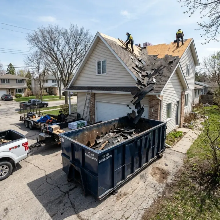 Roofing waste disposal Winnipeg Ecobins & Cartage bin positioned during asphalt shingle tear-off project