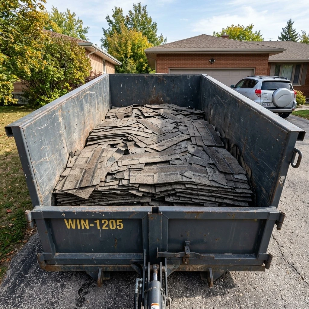12-yard Ecobins bin loaded with asphalt shingles from Winnipeg roofing project showing weight versus apparent volume