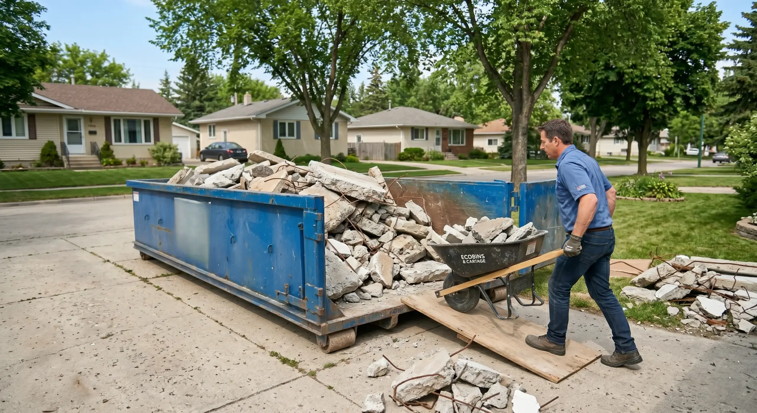 Concrete demolition debris being loaded into Ecobins bin in Winnipeg showing weight-dense material that hits weight limits before appearing full