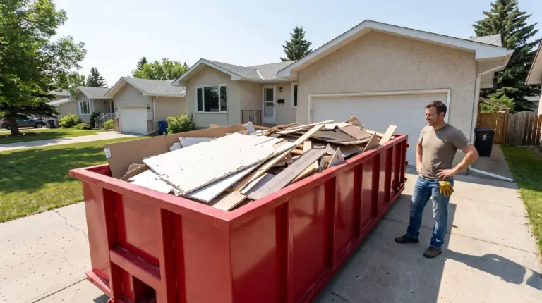 Ecobins & Cartage bin rental Winnipeg loaded with mixed renovation debris drywall lumber flooring at rim level