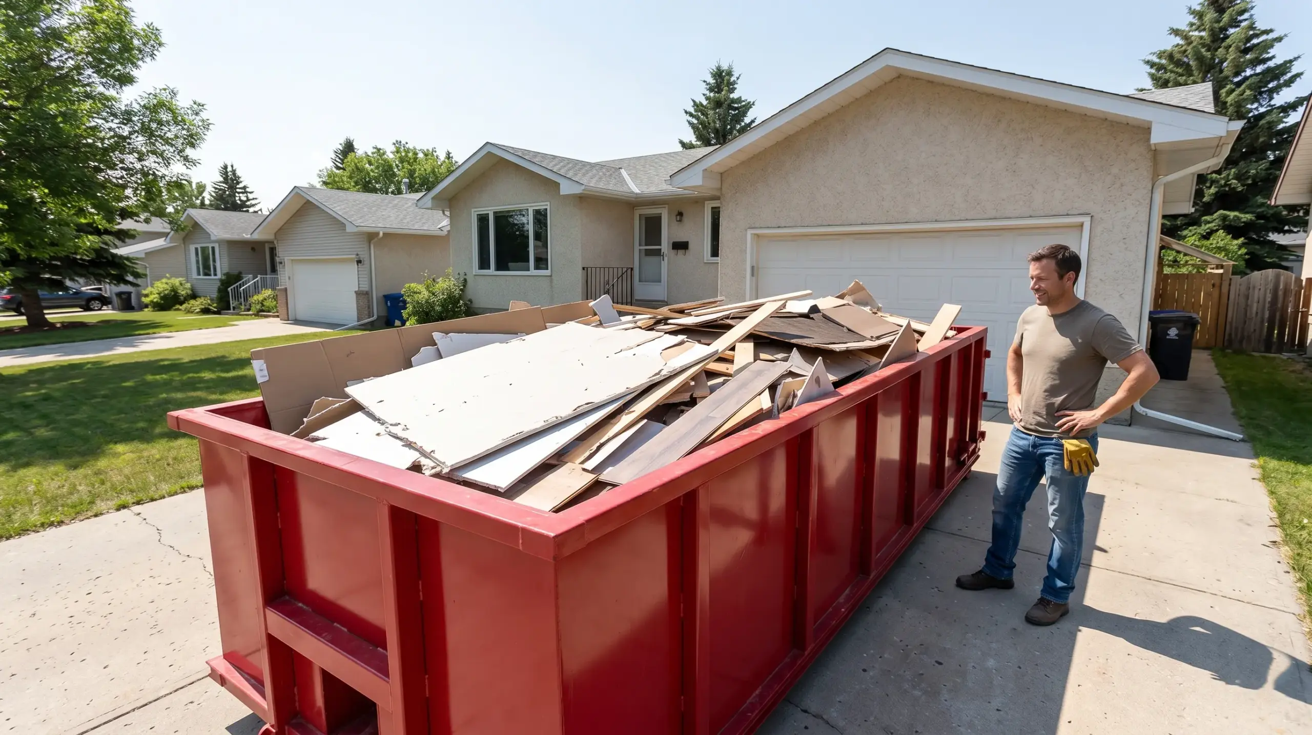 Ecobins & Cartage bin rental Winnipeg loaded with mixed renovation debris drywall lumber flooring at rim level