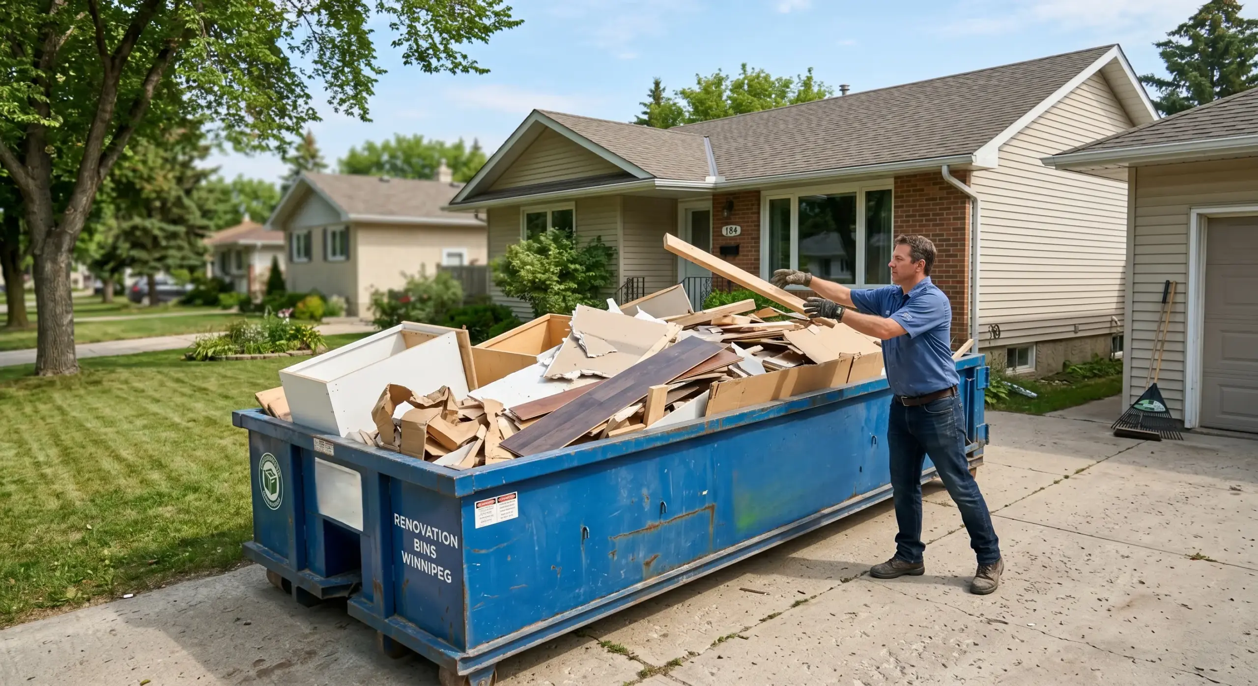 Ecobins rental bin being loaded with mixed renovation debris including drywall lumber and flooring in Winnipeg