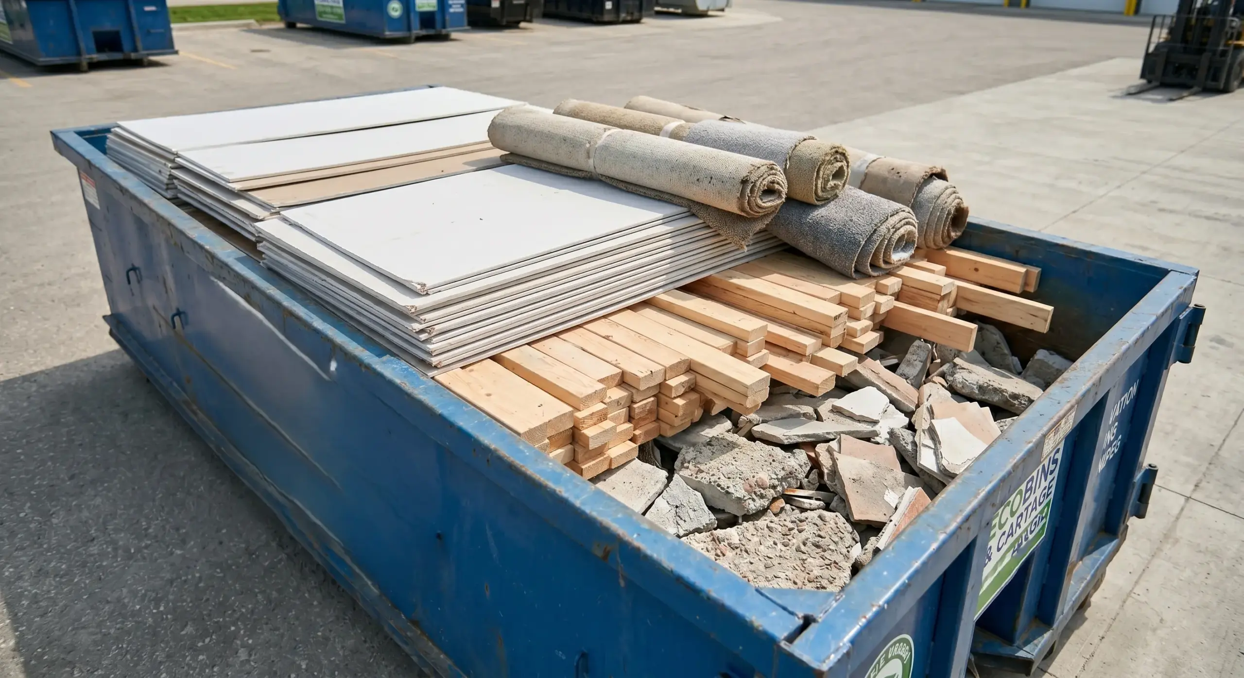 Properly loaded Ecobins bin in Winnipeg showing heavy materials on bottom lighter debris on top filled to rim level not exceeding it