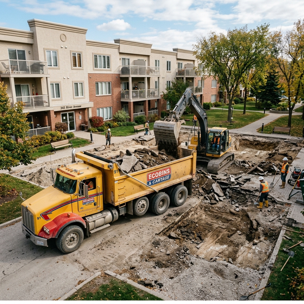 Ecobins cartage tandem truck removing excavation material from condo common area landscaping renovation in Winnipeg