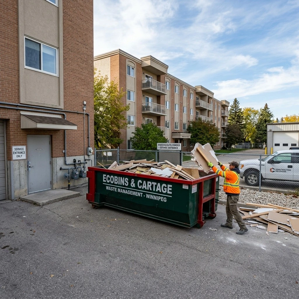 Ecobins bin placed in condominium property parking lot during common area renovation cleanout in Winnipeg