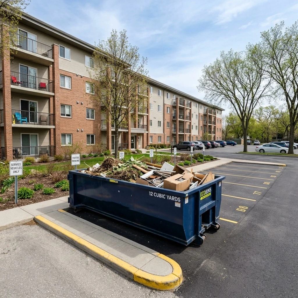 Condo bin rental Winnipeg Ecobins & Cartage 12-yard bin in condo parking lot during spring common area cleanout
