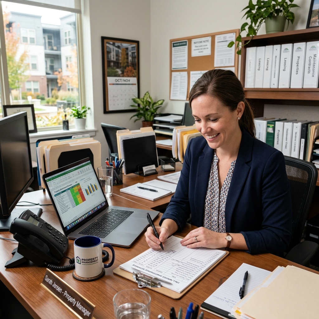 Property manager reviewing bin rental schedule for Winnipeg condo portfolio seasonal cleanouts and renovation projects