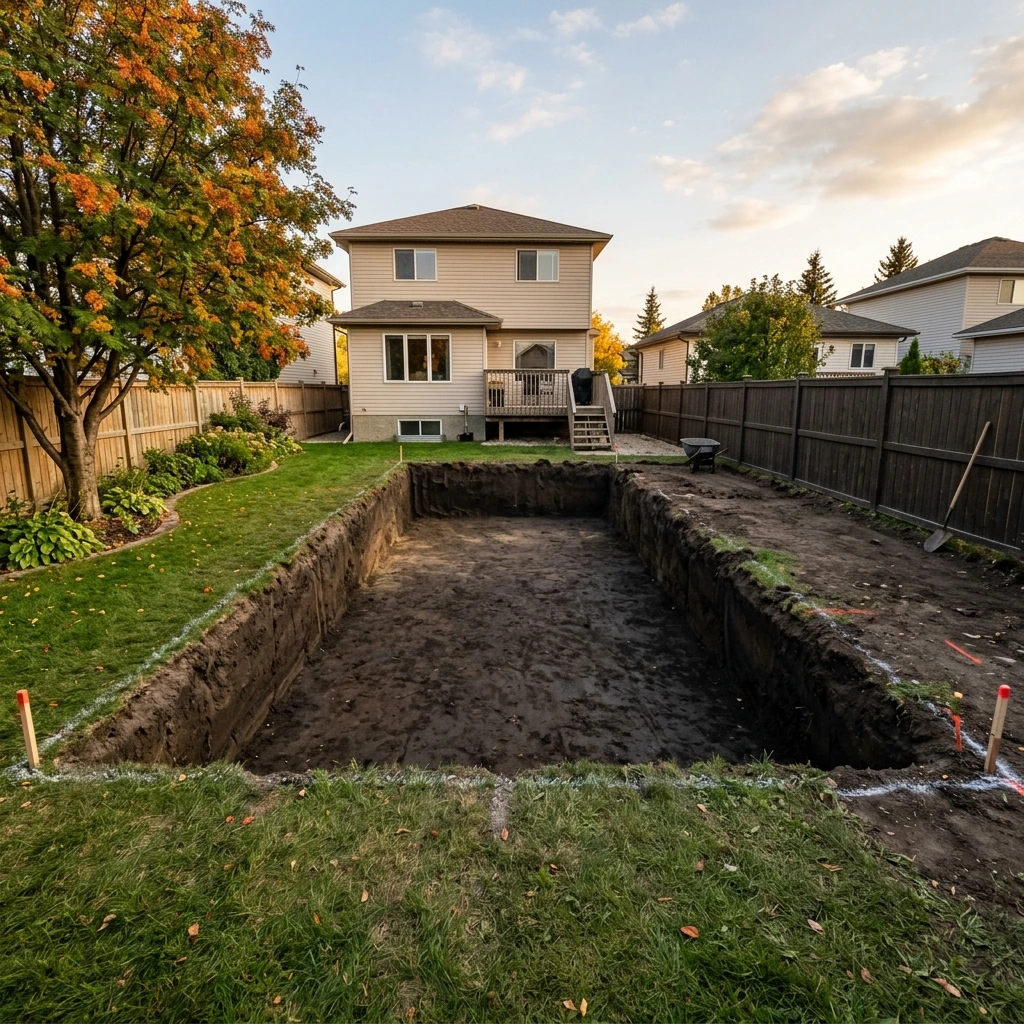 Cleared Winnipeg residential construction site after same-day cartage removal of excavated clay ready for base crew