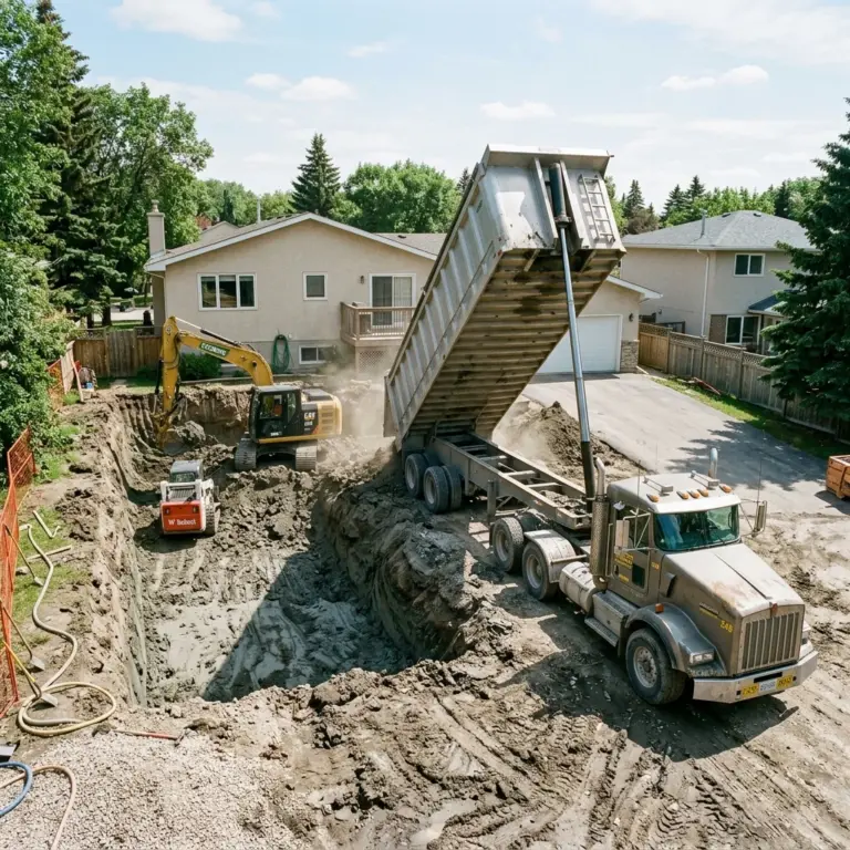 Ecobins & Cartage end-dump semi removing excavated clay from large Winnipeg residential excavation project
