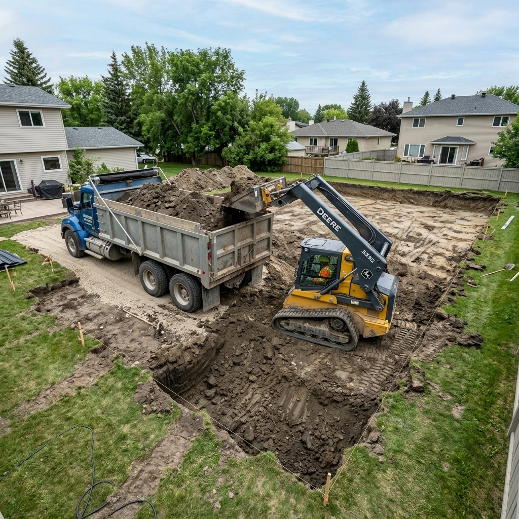 Ecobins tandem dump truck loading excavated clay from a Winnipeg sport court excavation site with skid steer