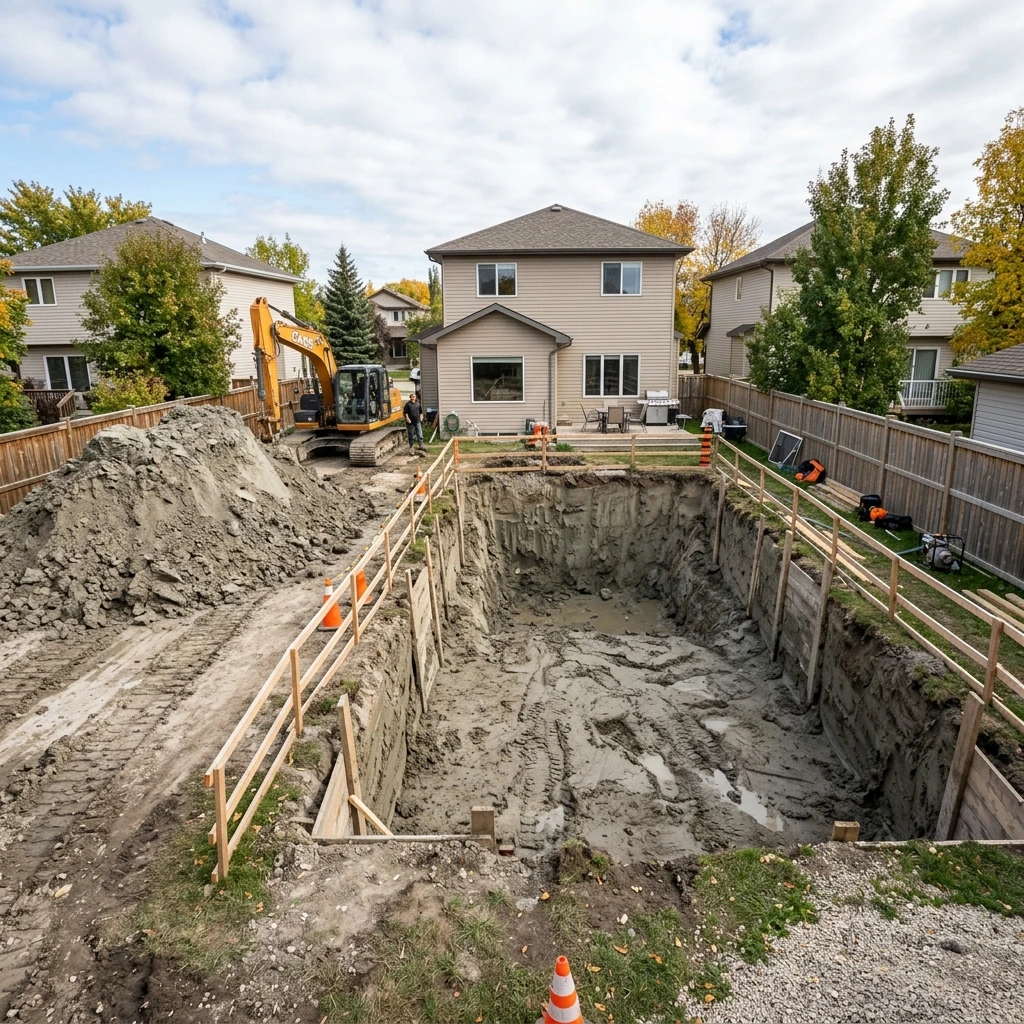 Fibreglass pool excavation in Winnipeg residential backyard showing volume of clay removed before pool shell installation