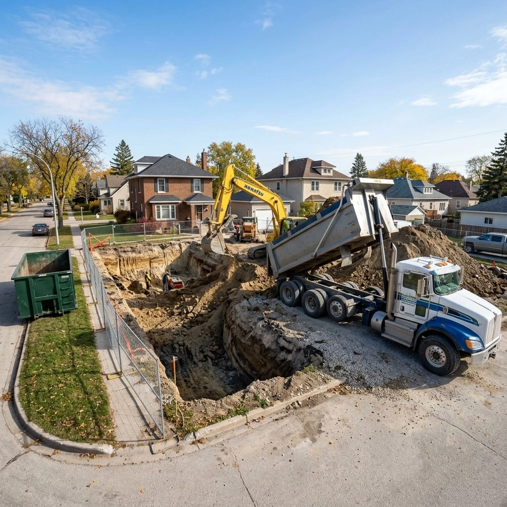 Ecobins & Cartage tandem truck cartage service for large volume excavation in Winnipeg showing scale difference from bin rental