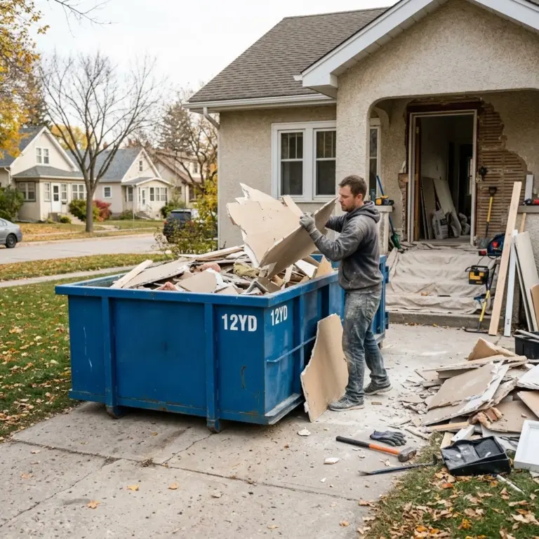 Junk removal vs bin rental Winnipeg Ecobins & Cartage bin rental with homeowner loading renovation debris on driveway