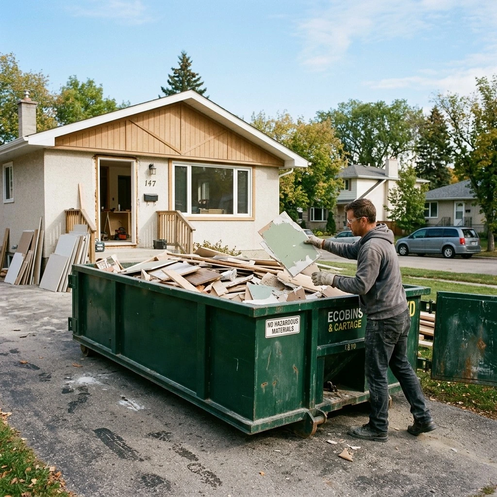 Ecobins & Cartage bin rental container on Winnipeg driveway with homeowner loading renovation debris over several days
