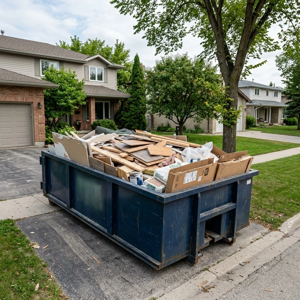Properly loaded Ecobins & Cartage bin on Winnipeg driveway with mixed renovation debris at rim level ready for pickup