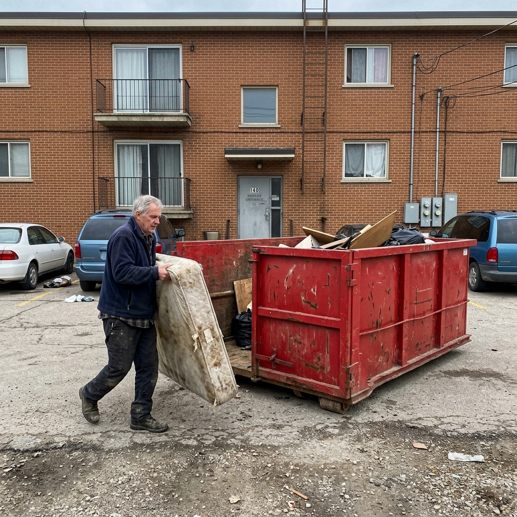 Red waste bin in Winnipeg rental property parking lot during landlord unit turnover cleanout with furniture being loaded