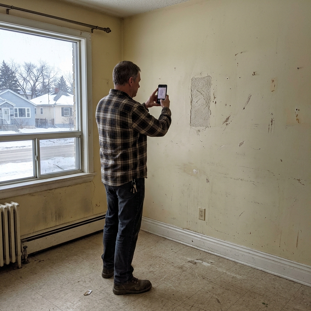 Winnipeg landlord reviewing unit damage on smartphone before booking bin for turnover cleanout planning documentation