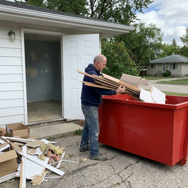 Landlord loading renovation debris and damaged flooring into plain red waste bin during Winnipeg rental unit turnover