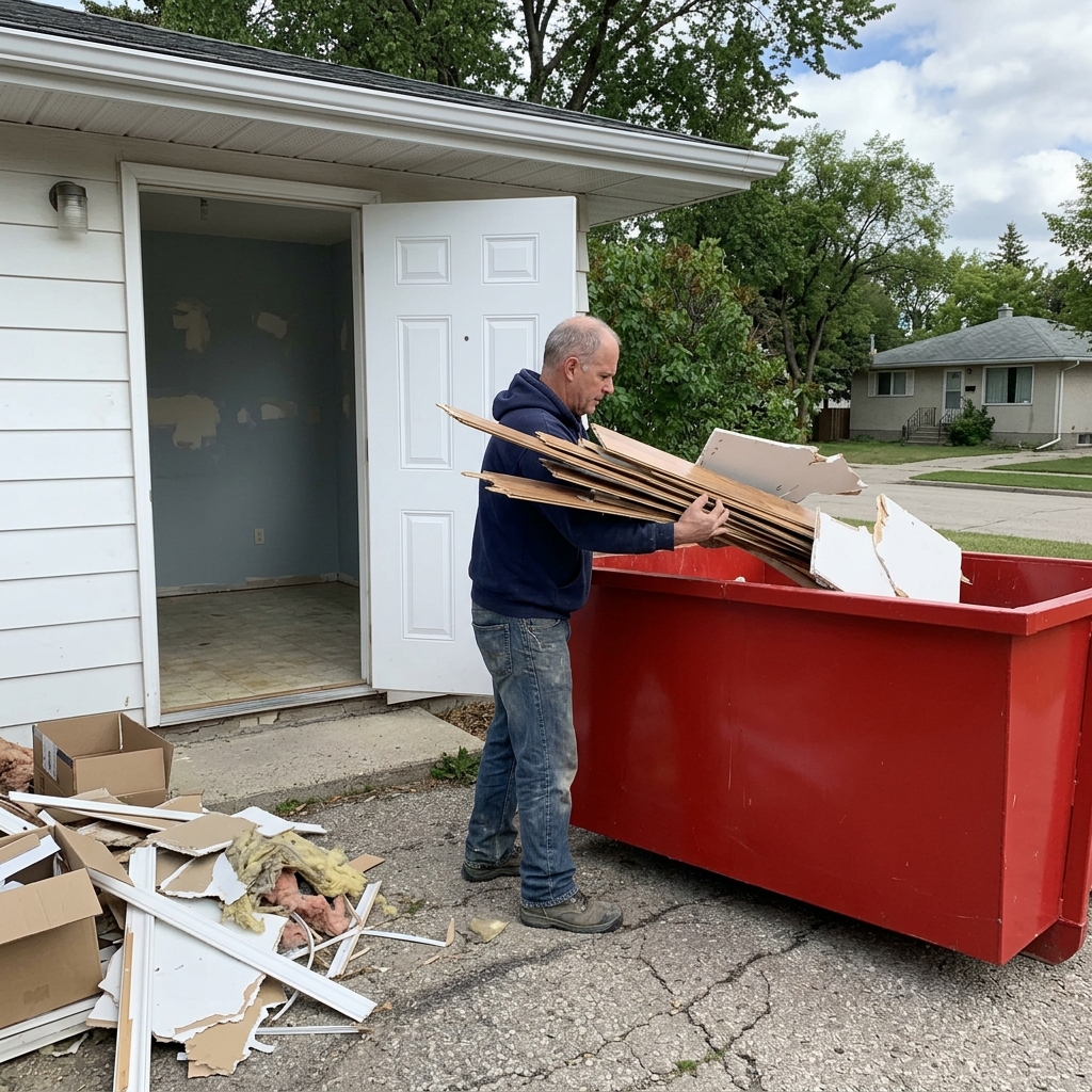 Landlord loading renovation debris and damaged flooring into plain red waste bin during Winnipeg rental unit turnover