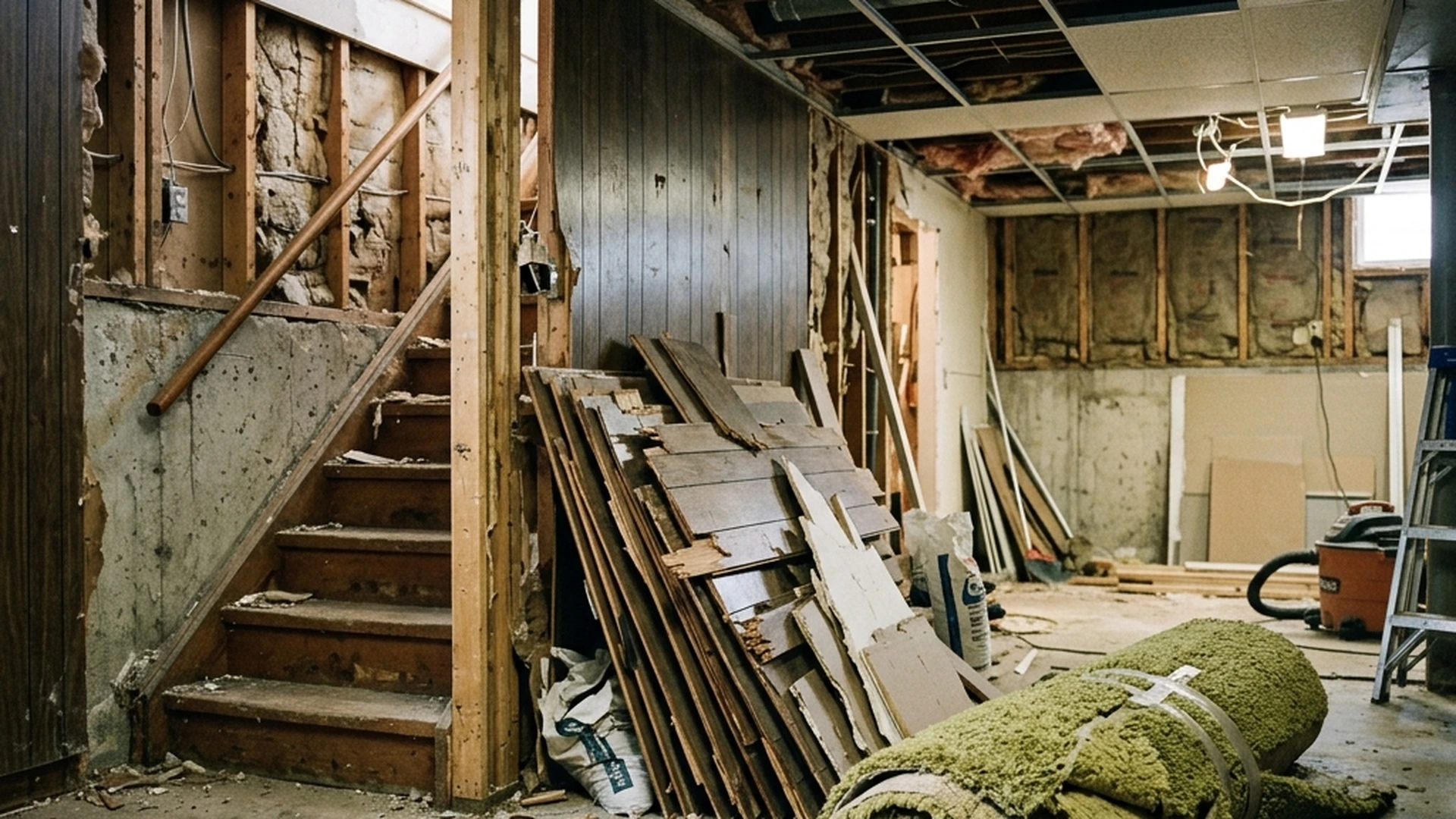 Basement renovation waste disposal Winnipeg with demolition debris including paneling ceiling tiles and carpet staged at stairwell