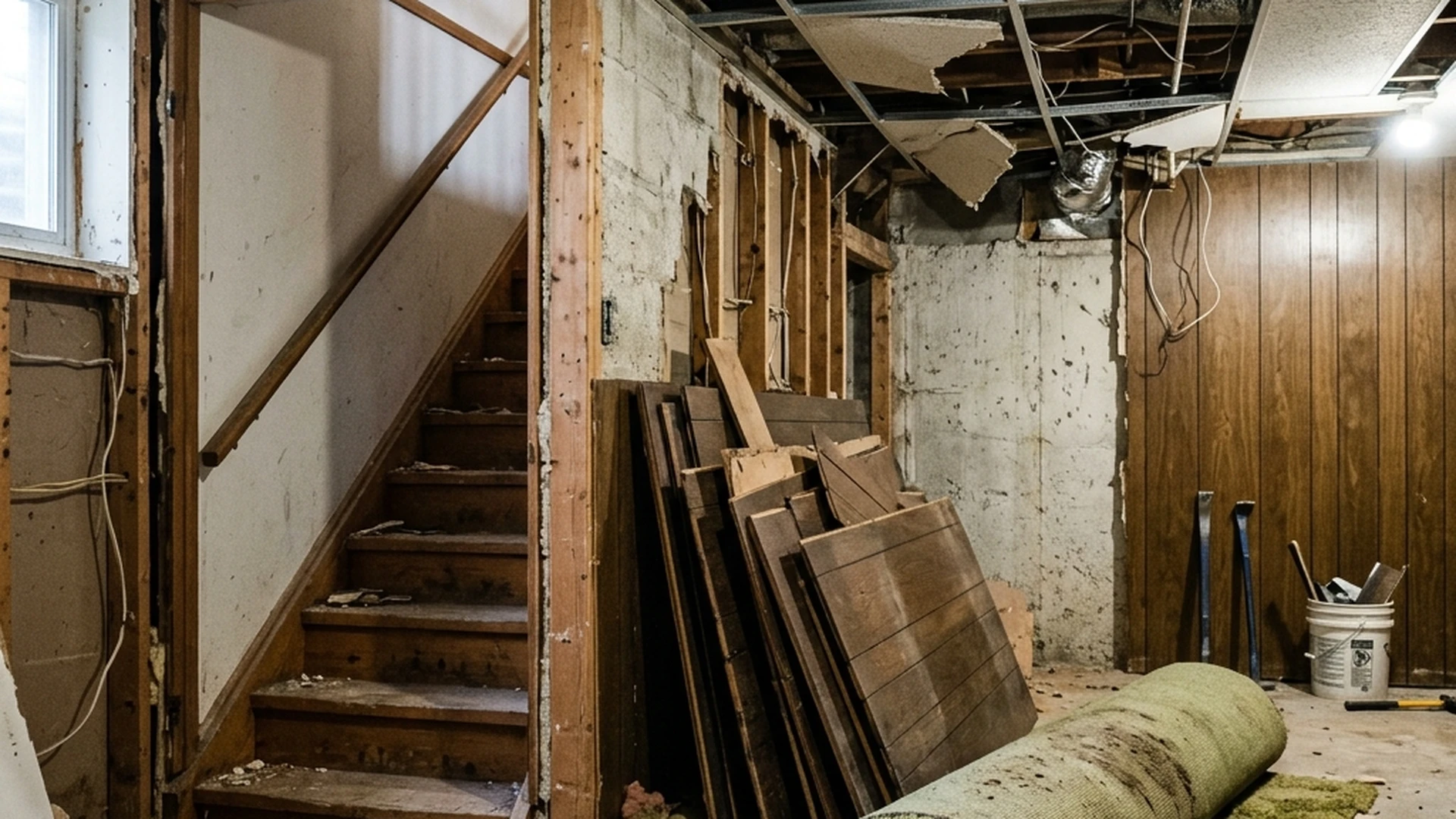 Basement renovation demolition in Winnipeg home showing old wood paneling and ceiling tiles removed and staged at stairwell for bin removal