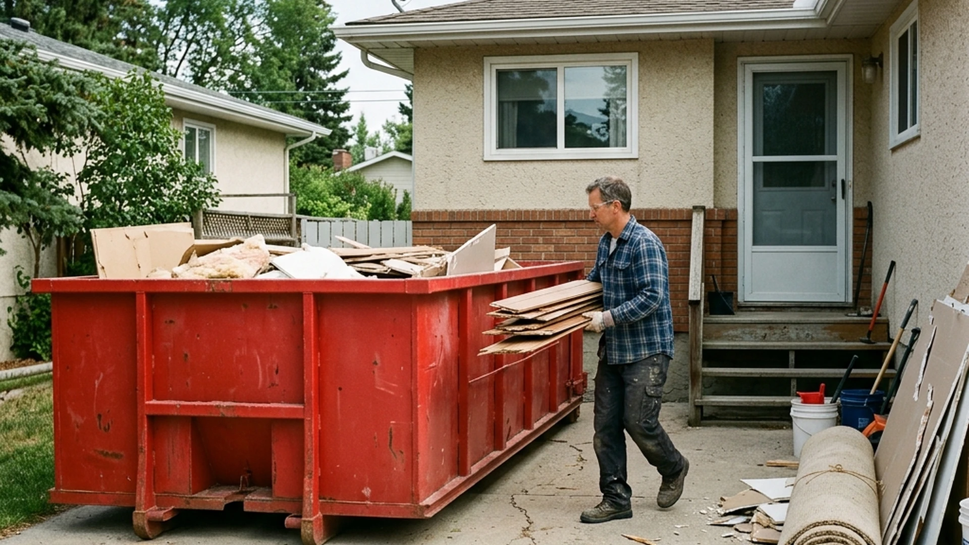 Plain red waste bin placed on Winnipeg driveway at stairwell exit during basement renovation with mixed demolition debris being loaded