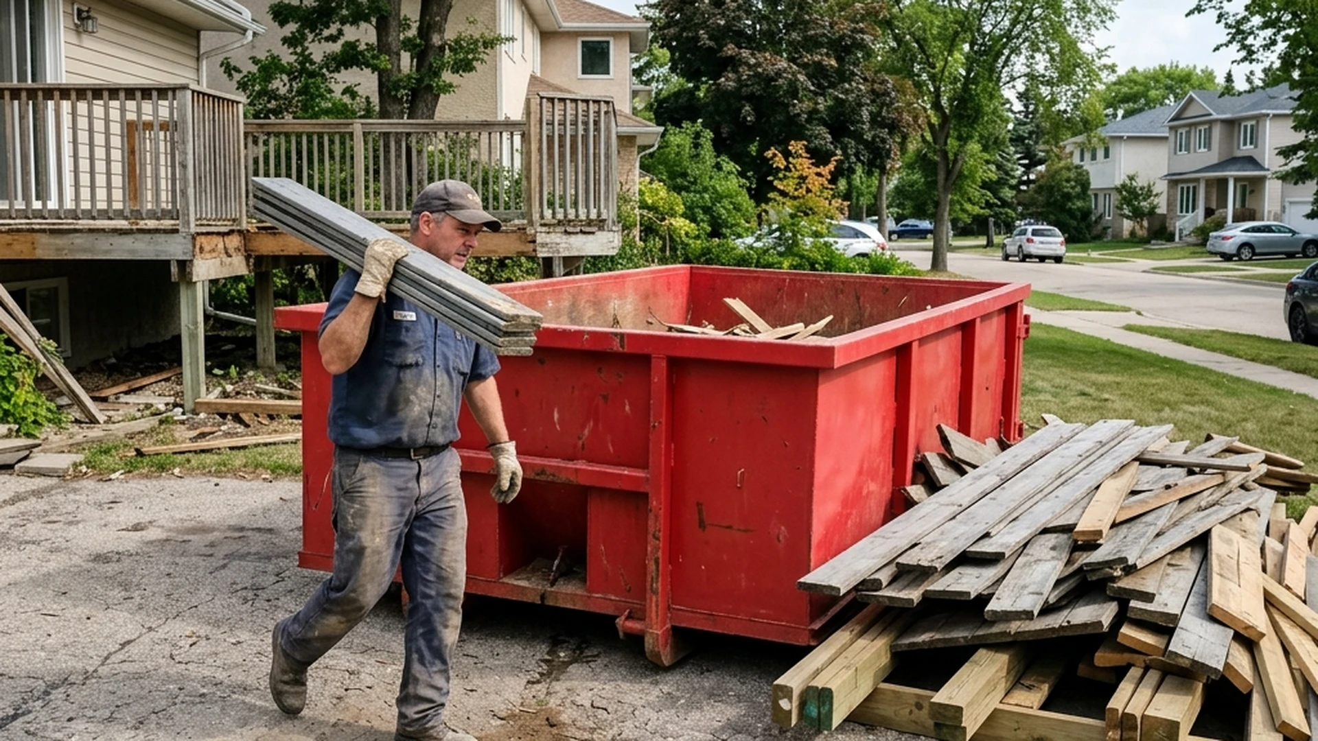 DIY deck removal bin rental Winnipeg plain red waste bin with deck boards and pressure-treated framing being loaded